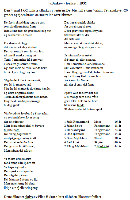 DS Buskø - forliset. Dikt skrevet av Elias H Sætre, broren til Johan Sætre som omkom i forliset.